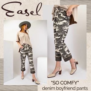 EASEL "So Comfy Boyfriend Pants" Camo Print & Cheetah Print Cuff Raw Frayed Hems